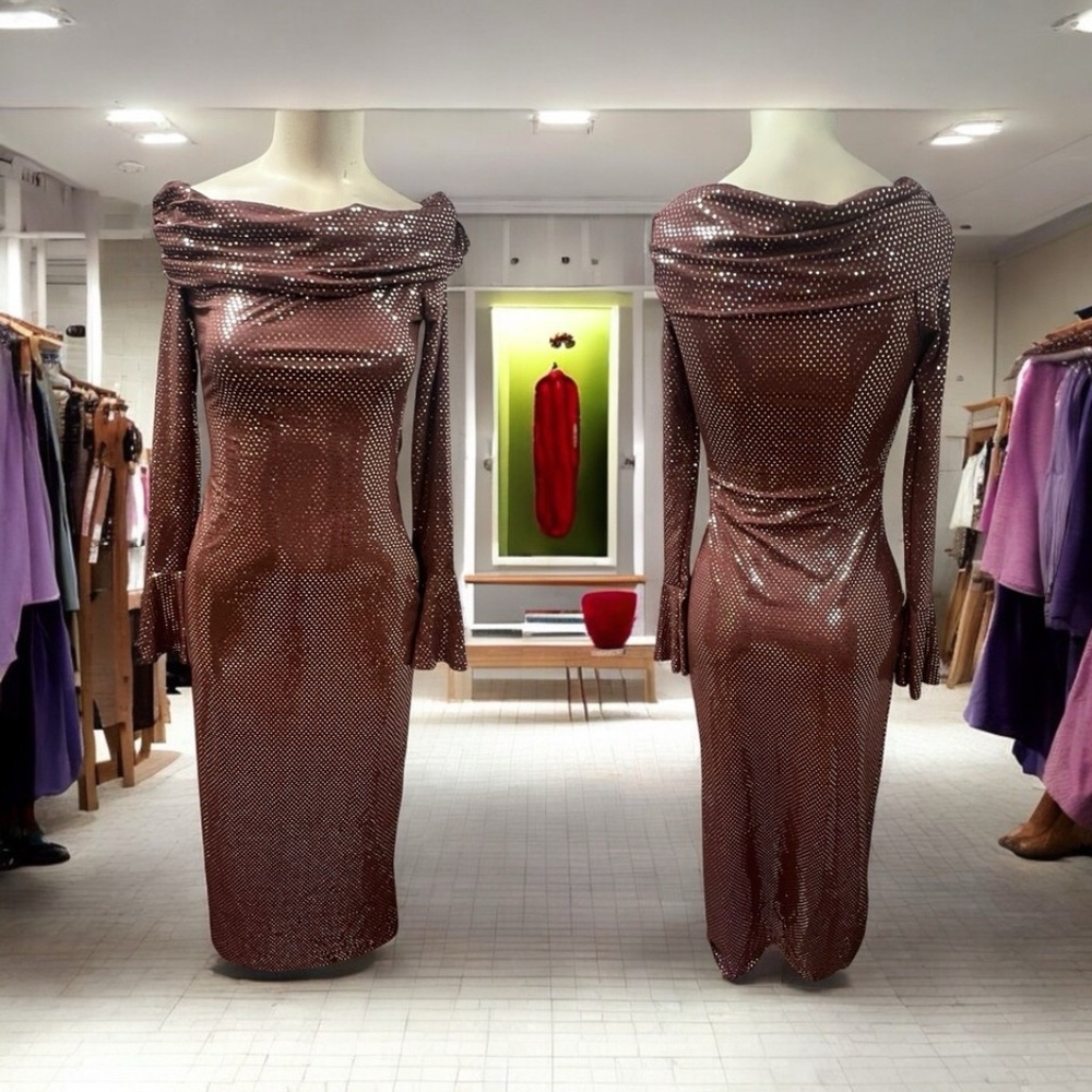 Lavish Ivy,Woman,Party Dress,Brown,Bright spots,SzS,Long Sleeve,Long,Neck tray.!